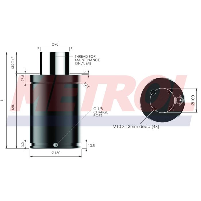 EX9500-080 Nitrogen Gas Spring, 9500daN Force