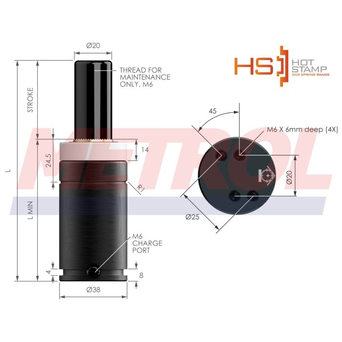 HS-EX0500-050 Nitrogen Gas Spring, 470daN Force