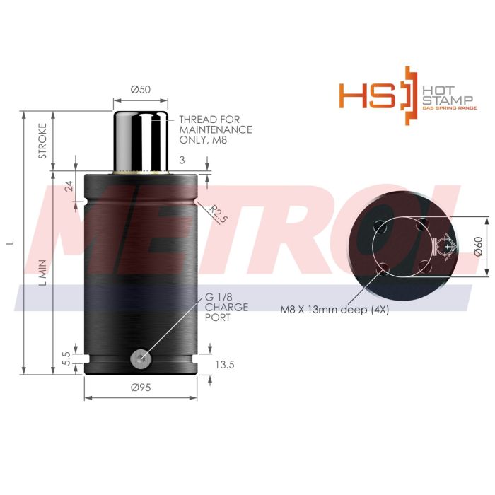 Metrol HSNG3000100 Nitrogen Gas Spring, 3000daN Force, 100mm Stroke