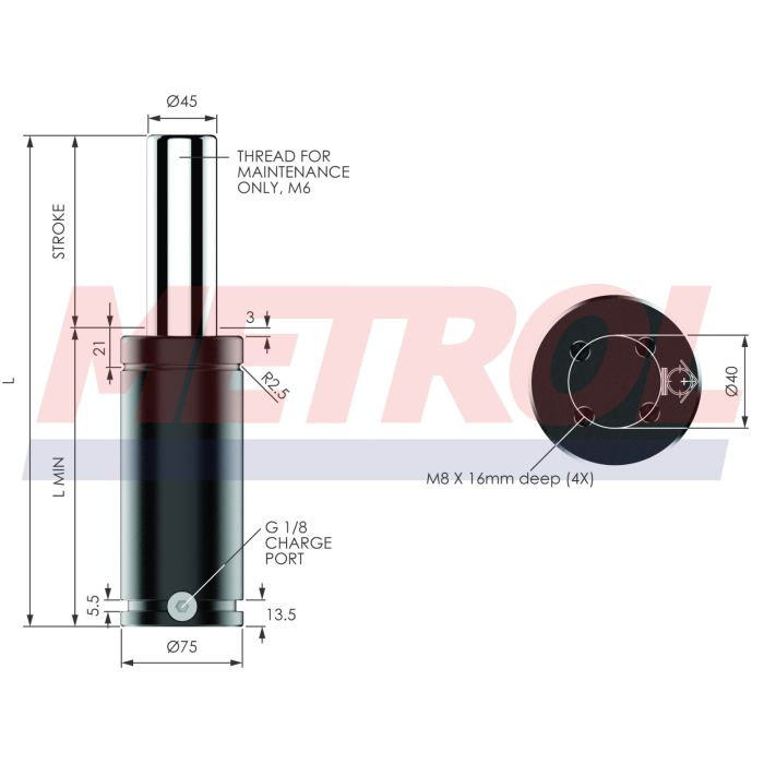 G-EX2400-025 Nitrogen Gas Spring, 2400daN Force