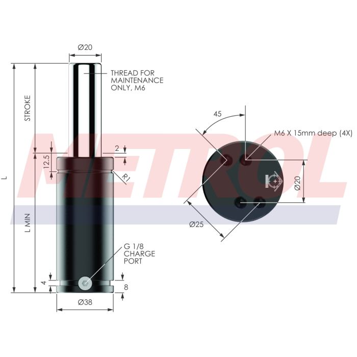 G-EX0500-080 Nitrogen Gas Spring, 500daN Force