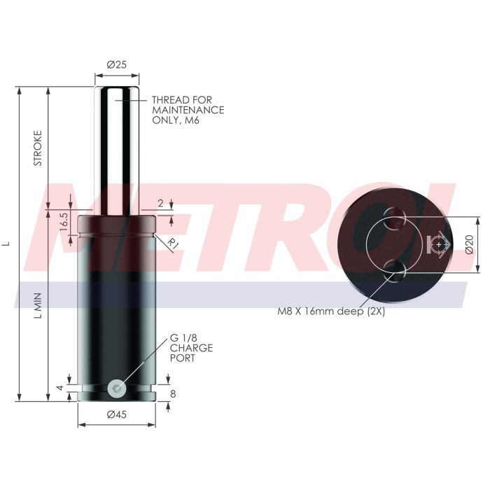 G-EX0750-050 Nitrogen Gas Spring, 750daN Force