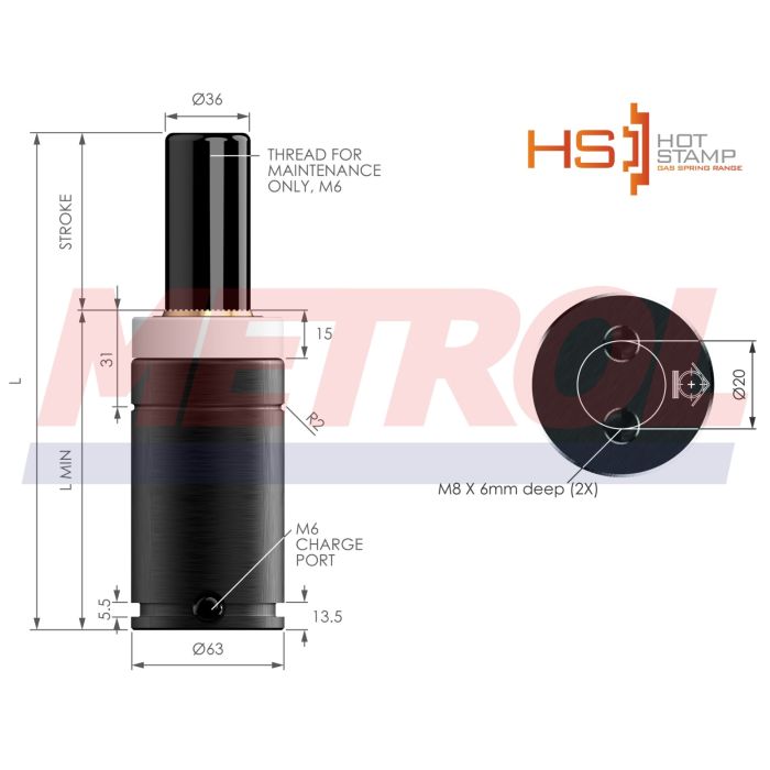 HS-EX1500-125 Nitrogen Gas Spring, 1500daN Force