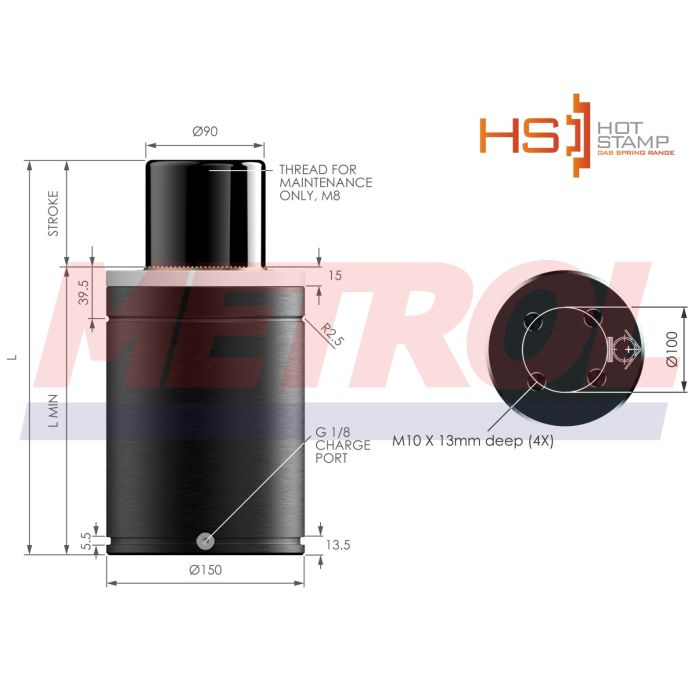 HS-EX9500-100 Nitrogen Gas Spring, 9500daN Force