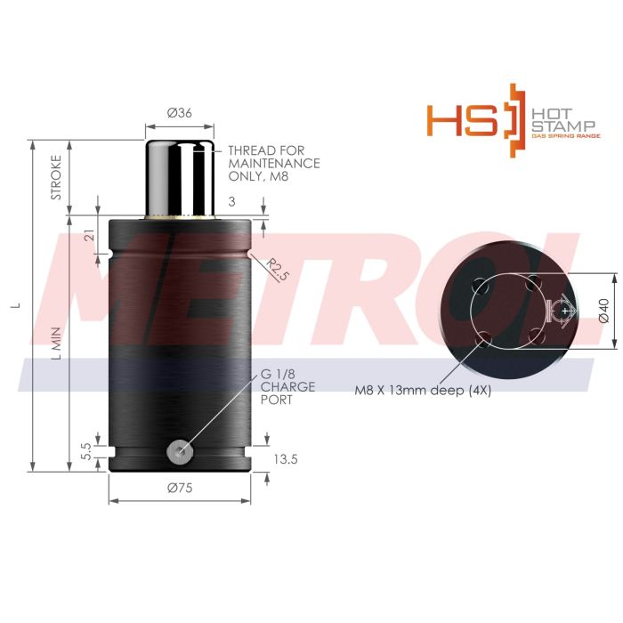 HS-NG1500-200 Nitrogen Gas Spring, 1500daN Force